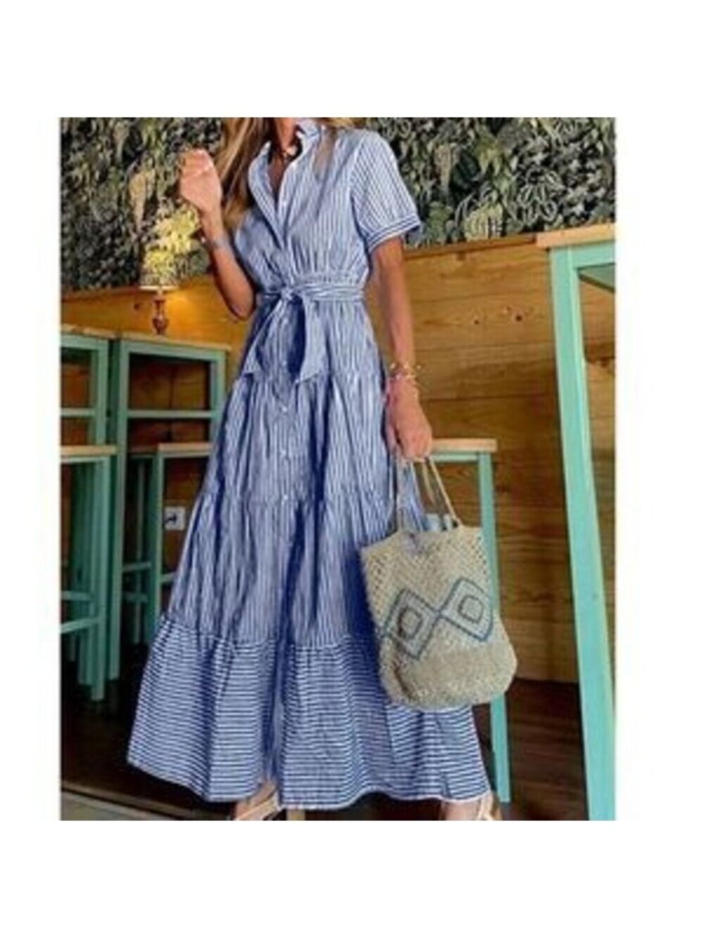 Boho Striped Butto Belted Short Sleeve Ruffle Hem Shirt dress